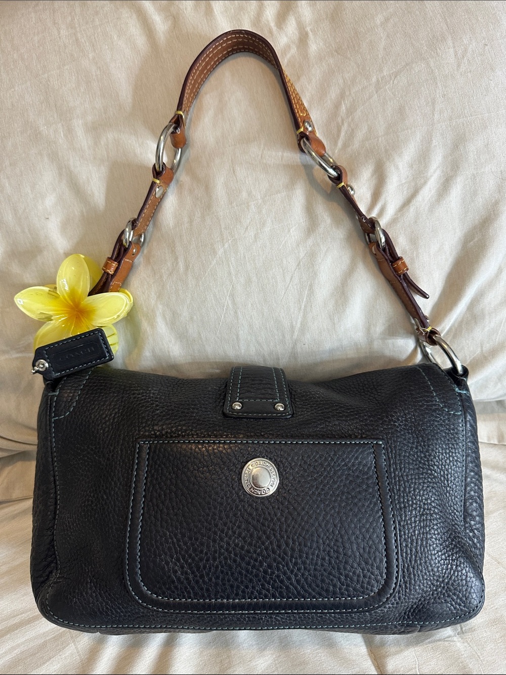 Black Leather Shoulder Bag with Brown Strap - Picture 2 of 6